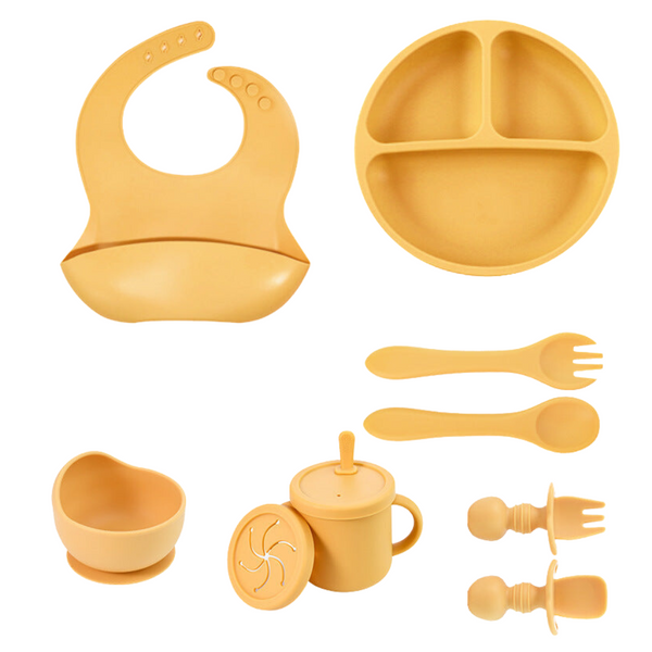 Elosung Yellow 8 Piece Silicone Children's Tableware Set Bpa Free Little One Feeding Utensils With Fork Spoon Cup Bowl And Bibs Baby Utensils
