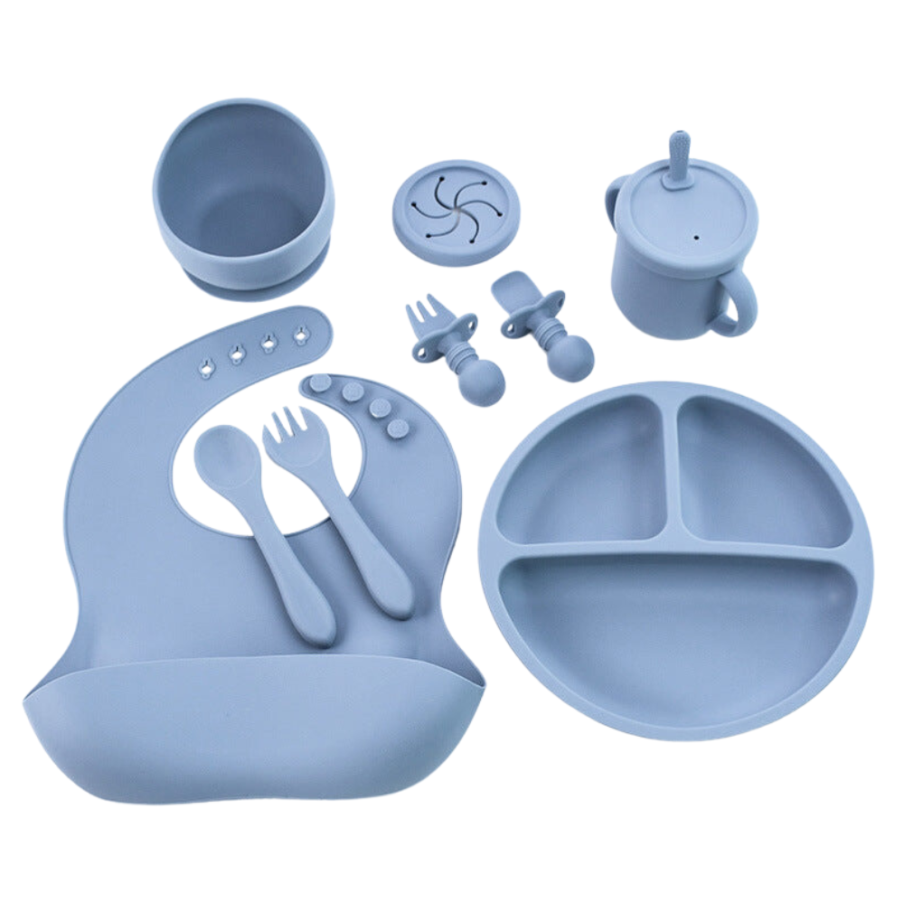 Elosung Blue 8 Piece Silicone Children's Tableware Set Bpa Free Little One Feeding Utensils With Fork Spoon Cup Bowl And Bibs Baby Utensils
