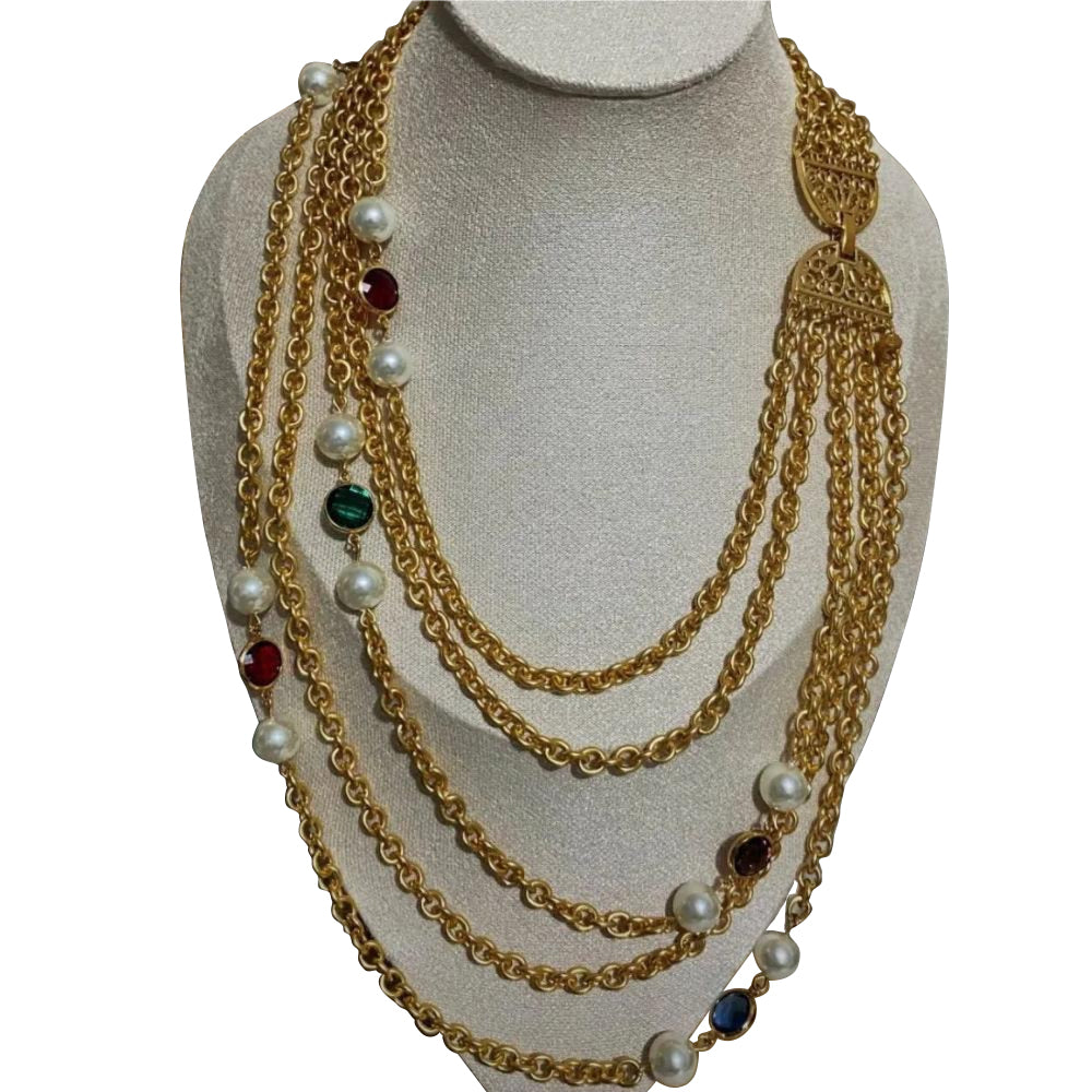 Veile Studios Retro Plain Gold Multi Layer Crystal Glass Pearl Niche Necklace Necklaces & Pendants