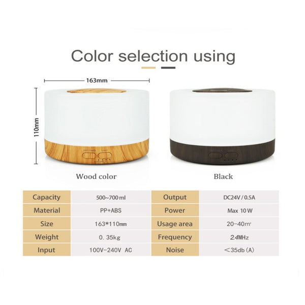 Upgraded Essential Oil Diffuser 500Ml Aromatherapy With 7 Color Lights And 4 Timer Humidifier Auto Shut Off Function Dark Wood Grain