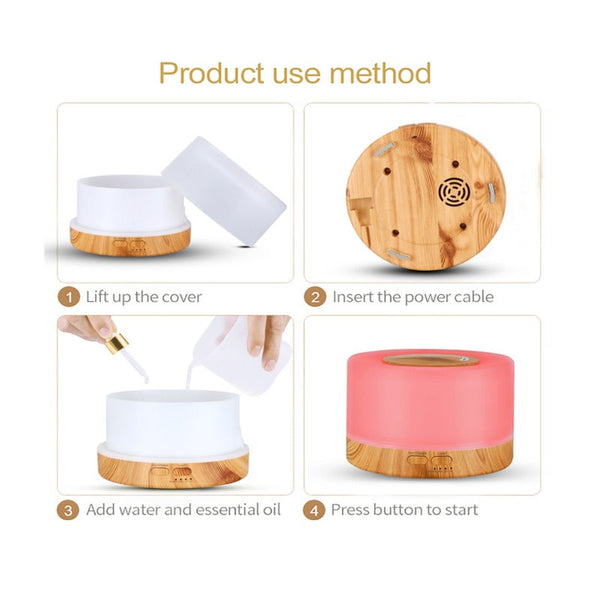 Upgraded Essential Oil Diffuser 500Ml Aromatherapy With 7 Color Lights And 4 Timer Humidifier Auto Shut Off Function Wood Grain