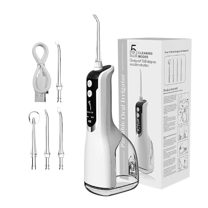 Intelligent Oral Irrigator Water Dental Flosser Rechargeable 5 Mode Port 4 Tip 330Ml Air & Water Flossers