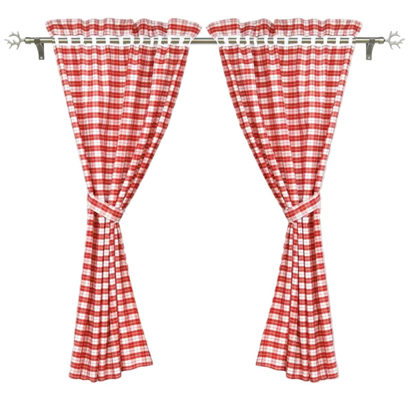2Pcs Set Perforated Opaque Curtains With Tiebacks Plaid Pattern Window Decoration For Bedroom Indoor Red And White 120 X 80Cm Curtains & Drapes