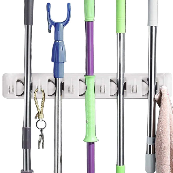 Wall Mounted Broom Holder With 5 Slots And 6 Hooks/Wall For Bathroom Kitchen Or Garage Light Hooks & Hangers