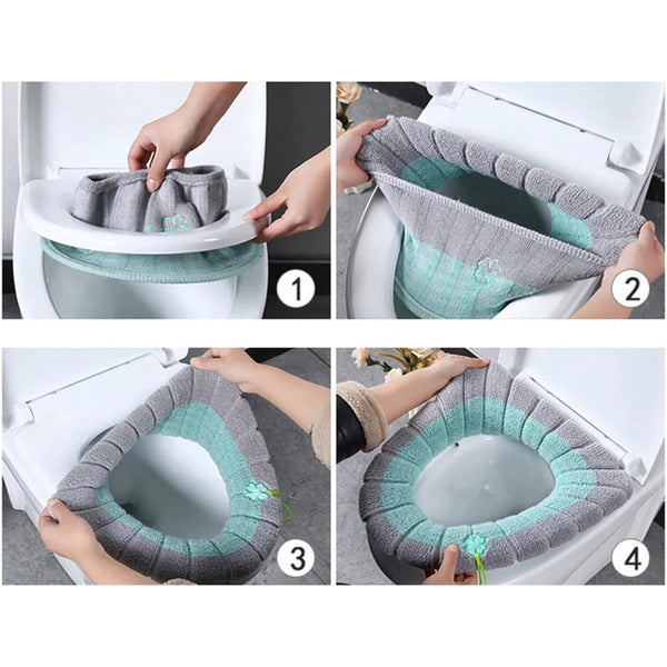 Universal Toilet Seat Cover Stretchable Warm Covers Soft Washable Oval Fit 4 Pack Bath Mats Rugs & Toilet Covers