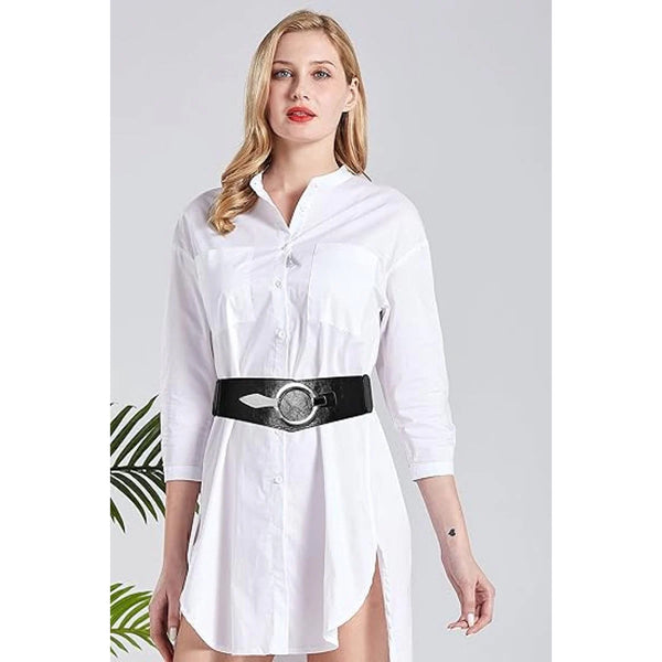 Wide Womens Elastic Cinch Waist Belt Black Leather Double Ring Buckle Crochet Dress Coat Accessory 80 95Cm 6Cm Belts