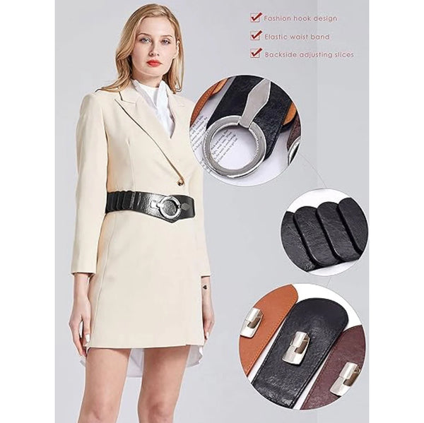 Wide Womens Elastic Cinch Waist Belt Black Leather Double Ring Buckle Crochet Dress Coat Accessory 80 95Cm 6Cm Belts
