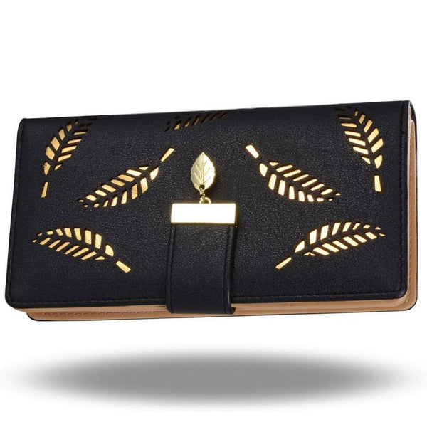 Women's Large Capacity Long Wallet Hollow Leaf Design Black Wallets