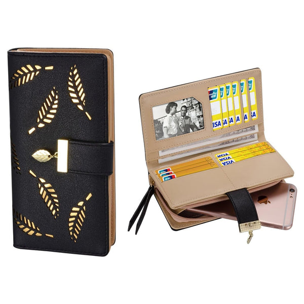 Women's Large Capacity Long Wallet Hollow Leaf Design Black Wallets