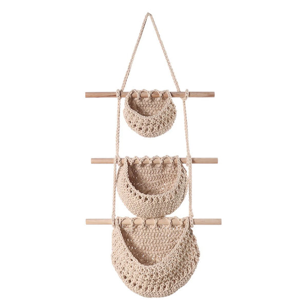 Three Tier Hanging Fruit And Vegetable Basket Removable Wall Rack Hand Woven Beige Multifunctional Kitchen Storage Bohemian Home Decor Planters & Vase