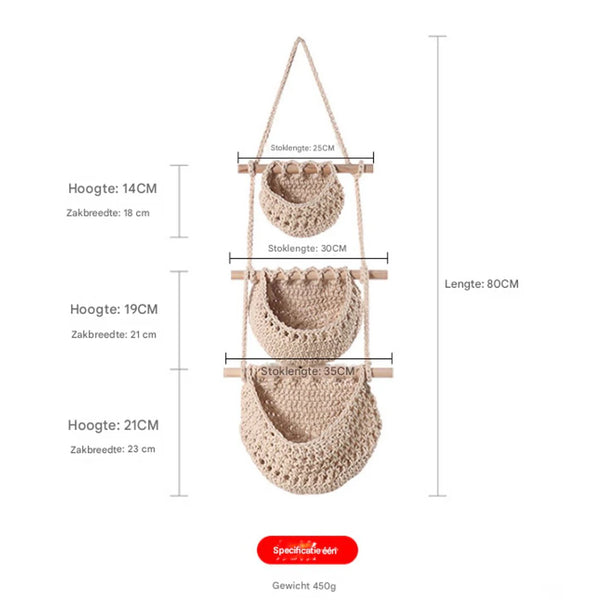 Three Tier Hanging Fruit And Vegetable Basket Removable Wall Rack Hand Woven Beige Multifunctional Kitchen Storage Bohemian Home Decor Planters & Vase