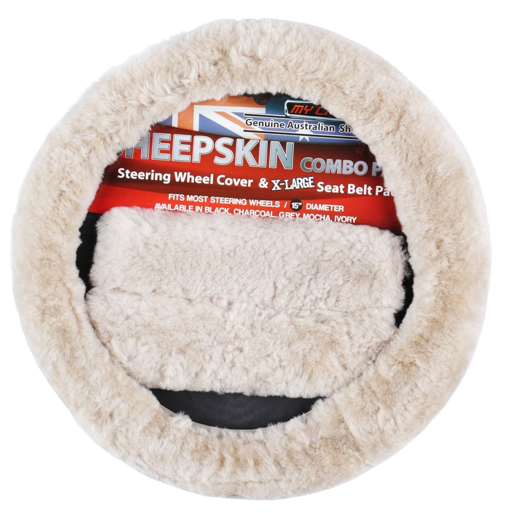 My Car Sheepskin Steering Wheel Cover & Seat Belt Pads Combo Luxury Mocha Steering Wheel Covers