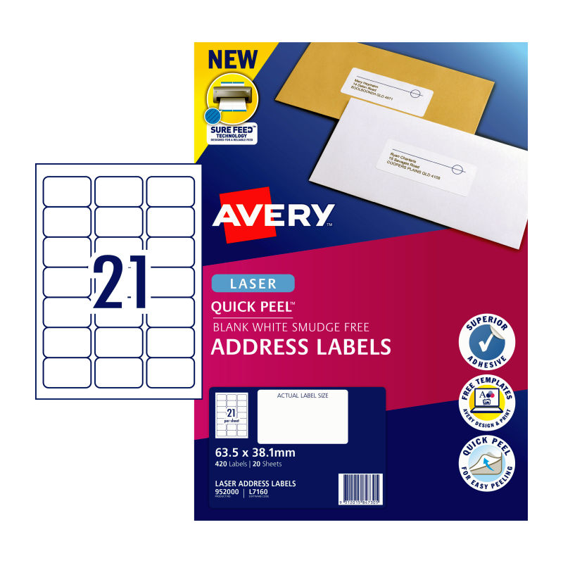 Avery Laser Label Qp L7160 21Up Pack Of 20 Address & Shipping Labels