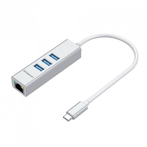 Simplecom Chn421 Silver Aluminium Usb-C To 3 Port Hub With Gigabit Ethernet Adapter Cbat-Usbclan