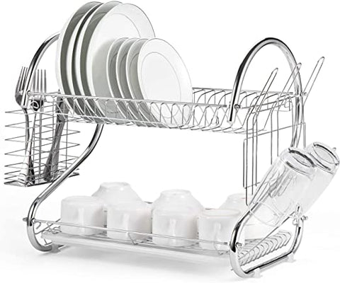 2 Tier Dish Rack With Drain Board For Kitchen Counter And Plated Chrome Dryer Silver 42 X 25,5 38 Cm
