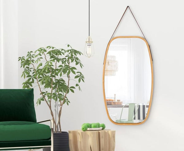 Hanging Full Length Wall Mirror Solid Bamboo Frame And Leather Strap For Bathroom Bedroom Mirrors