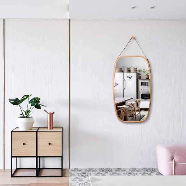 Hanging Full Length Wall Mirror Solid Bamboo Frame And Leather Strap For Bathroom Bedroom Mirrors