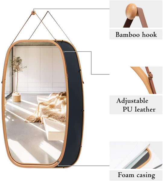 Hanging Full Length Wall Mirror Solid Bamboo Frame And Leather Strap For Bathroom Bedroom Mirrors