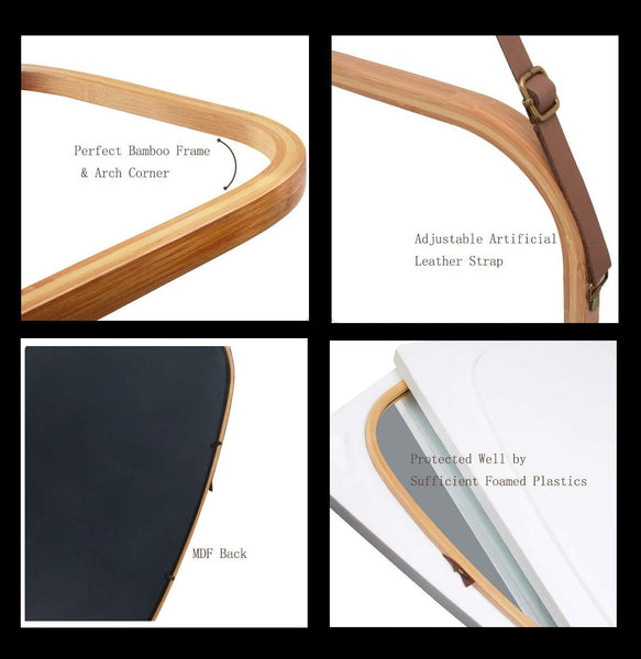 Hanging Full Length Wall Mirror Solid Bamboo Frame And Leather Strap For Bathroom Bedroom Mirrors