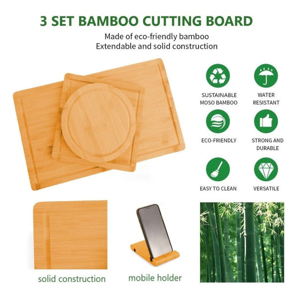 3 Pieces Bamboo Cutting Board With Juice Groove And Mobile Holder Included For Home Kitchen