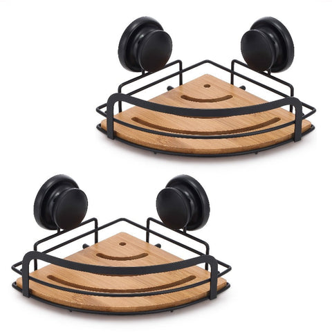 Bath Caddies & Trays 2 Pack Round Bamboo Corner Shower Caddy Shelf Basket Rack With Premium Vacuum Suction Cup No Drilling For Bathroom And Kitchen