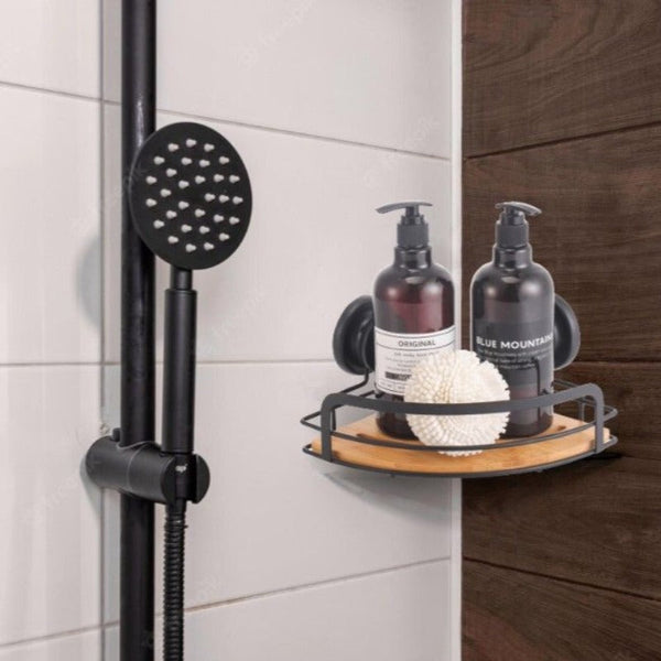 2 Pack Round Bamboo Corner Shower Caddy Shelf Basket Rack With Premium Vacuum Suction Cup No Drilling For Bathroom And Kitchen Bath Caddies & Trays