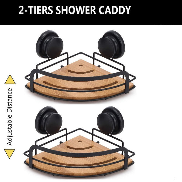 2 Pack Round Bamboo Corner Shower Caddy Shelf Basket Rack With Premium Vacuum Suction Cup No-Drilling For Bathroom And Kitchen