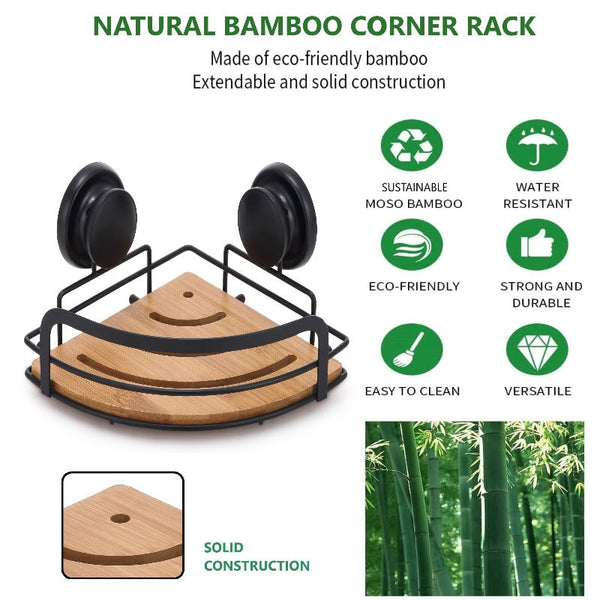 2 Pack Round Bamboo Corner Shower Caddy Shelf Basket Rack With Premium Vacuum Suction Cup No-Drilling For Bathroom And Kitchen