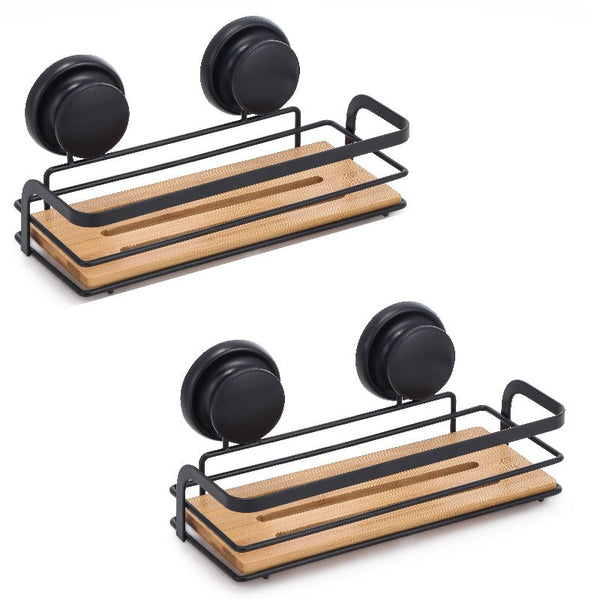 2 Pack Rectangular Bamboo Corner Shower Caddy Shelf Basket Rack With Premium Vacuum Suction Cup No Drilling For Bathroom And Kitchen Bath Caddies & Tr