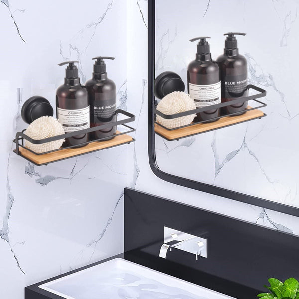 2 Pack Rectangular Bamboo Corner Shower Caddy Shelf Basket Rack With Premium Vacuum Suction Cup No Drilling For Bathroom And Kitchen Bath Caddies & Tr