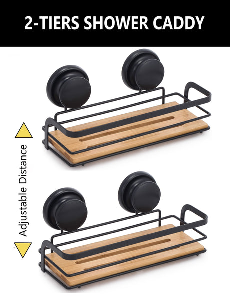 2 Pack Rectangular Bamboo Corner Shower Caddy Shelf Basket Rack With Premium Vacuum Suction Cup No Drilling For Bathroom And Kitchen Bath Caddies & Tr