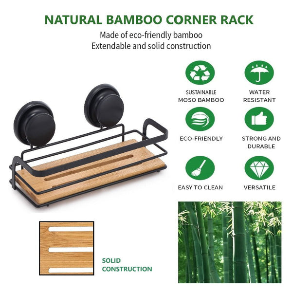 2 Pack Rectangular Bamboo Corner Shower Caddy Shelf Basket Rack With Premium Vacuum Suction Cup No Drilling For Bathroom And Kitchen Bath Caddies & Tr