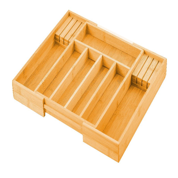 2 Pack Large Capacity Bamboo Expandable Drawer Organizer With Knife Block Holder For Home Kitchen Utensils