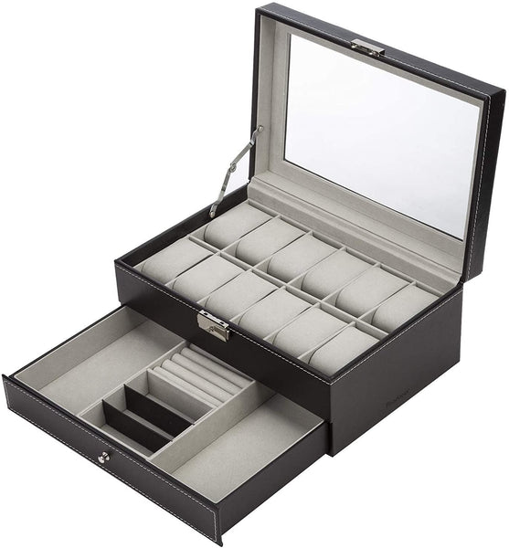 Veile Studios Black Leather Watch Box Jewelry Display Case With Drawers (12 Slots Layers) Boxes & Cases
