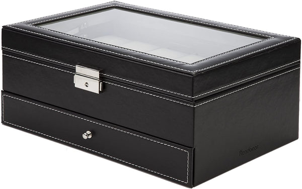 Veile Studios Black Leather Watch Box Jewelry Display Case With Drawers (12 Slots Layers) Boxes & Cases