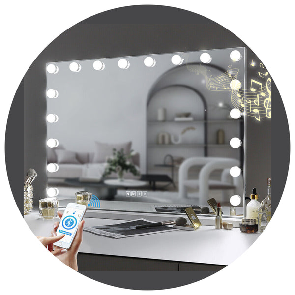 White Bluetooth Hollywood Mirror Rectangle Vanity Wall Light Mirrors