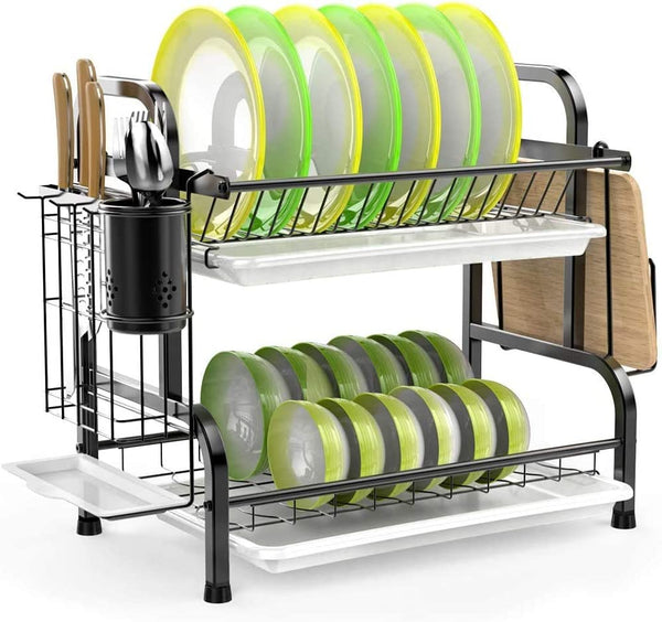 Stainless Steel 2 Tier Dish Drying Rack With Utensil Holder Cutting Board And Drainer For Kitchen Counter (Black) Racks & Holders