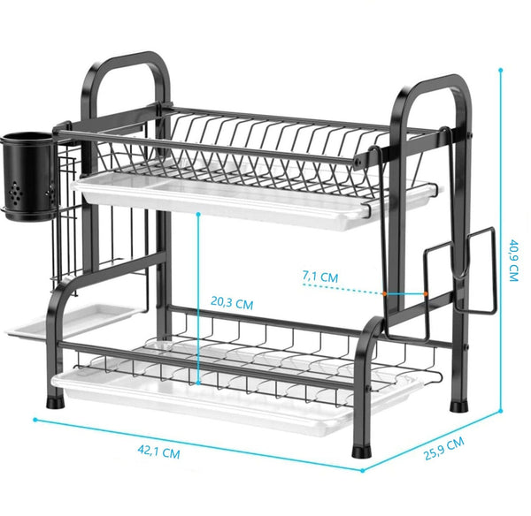 Stainless Steel 2 Tier Dish Drying Rack With Utensil Holder Cutting Board And Drainer For Kitchen Counter (Black) Racks & Holders