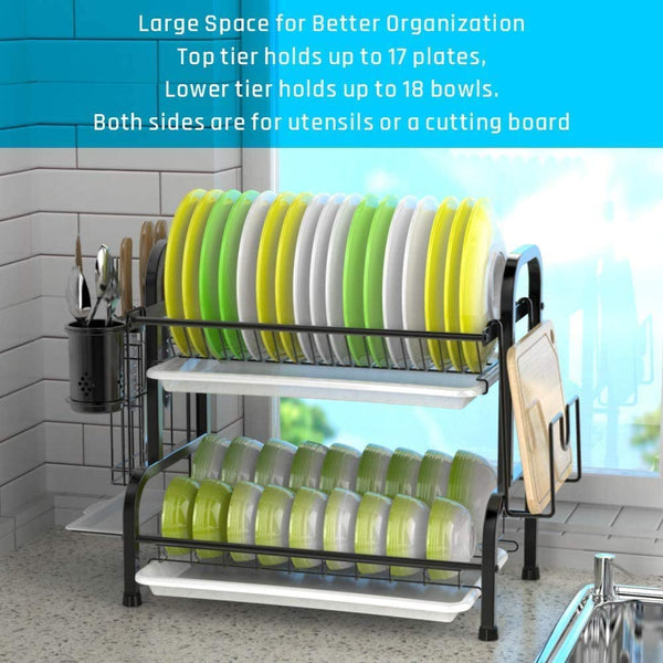 Stainless Steel 2 Tier Dish Drying Rack With Utensil Holder Cutting Board And Drainer For Kitchen Counter (Black) Racks & Holders