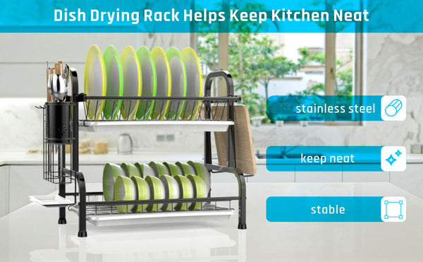 Stainless Steel 2 Tier Dish Drying Rack With Utensil Holder Cutting Board And Drainer For Kitchen Counter (Black) Racks & Holders
