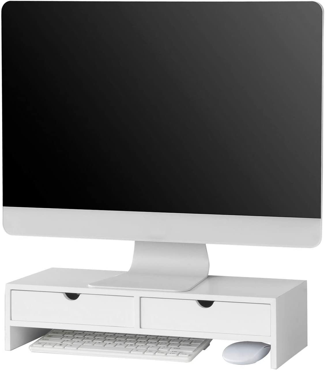 White Monitor Stand Desk Organizer With 2 Drawers Pen Holders