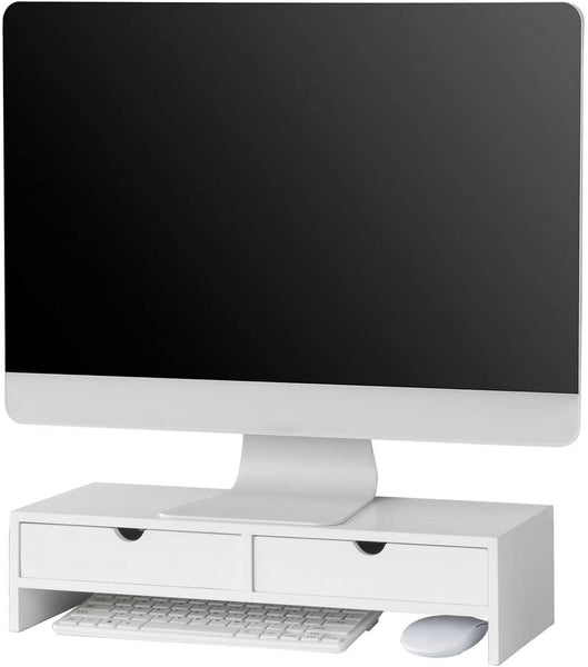 White Monitor Stand Desk Organizer With 2 Drawers Pen Holders