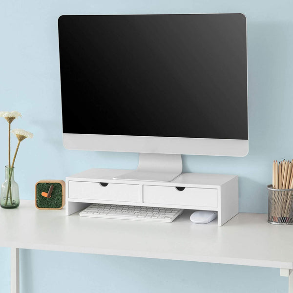 White Monitor Stand Desk Organizer With 2 Drawers Pen Holders