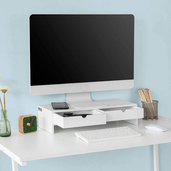 White Monitor Stand Desk Organizer With 2 Drawers Pen Holders