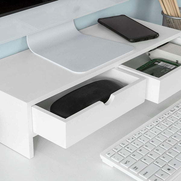 White Monitor Stand Desk Organizer With 2 Drawers Pen Holders