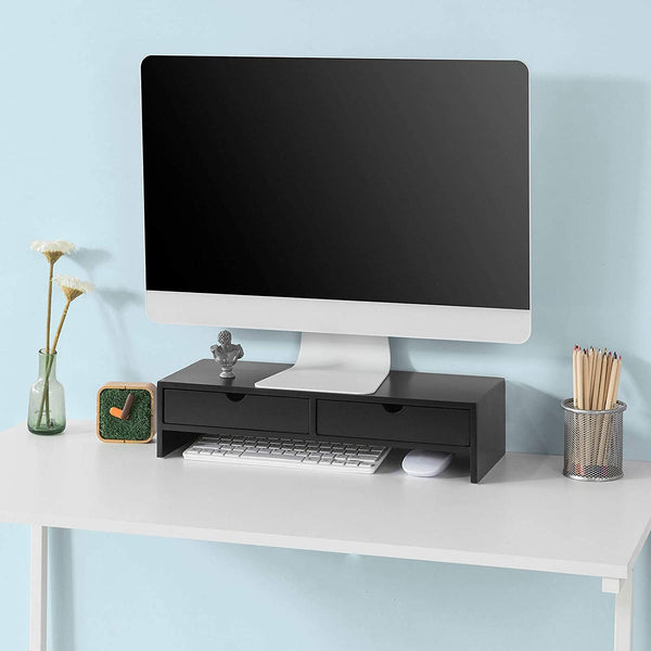 Black Monitor Stand Desk Organizer With 2 Drawers Pen Holders