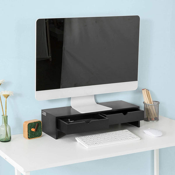 Black Monitor Stand Desk Organizer With 2 Drawers Pen Holders