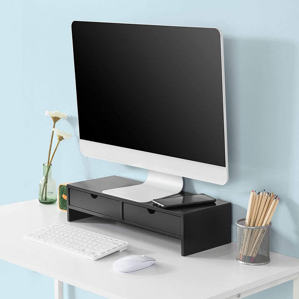 Black Monitor Stand Desk Organizer With 2 Drawers Pen Holders