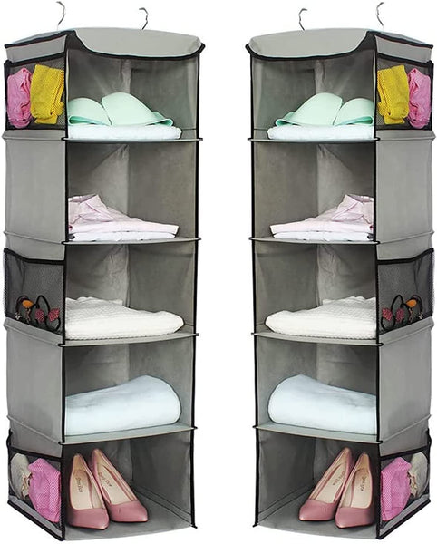 2 Pack 5 Foldable Shelf Hanging Closet Organizer Space Saver With Side Accessories Pockets For Clothes Storage Closet Organisers