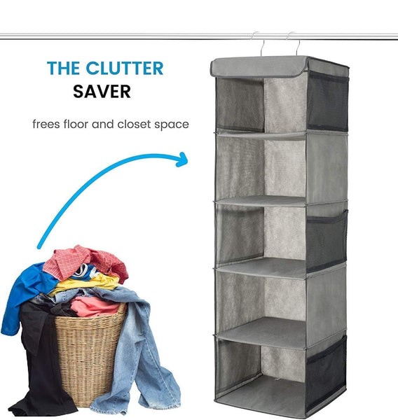 2 Pack 5 Foldable Shelf Hanging Closet Organizer Space Saver With Side Accessories Pockets For Clothes Storage Closet Organisers